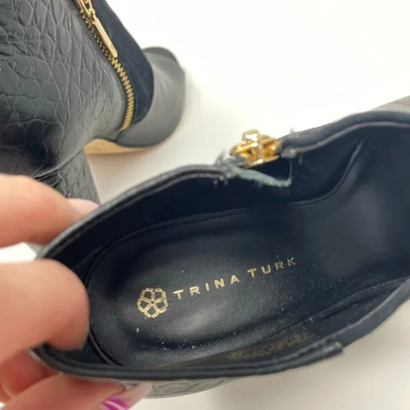 Trina Turk Los Gatos Open  Toe Leather Suede Croc Black Bootie Ankle Boot Sz 7.5 - Picture 8 of 10